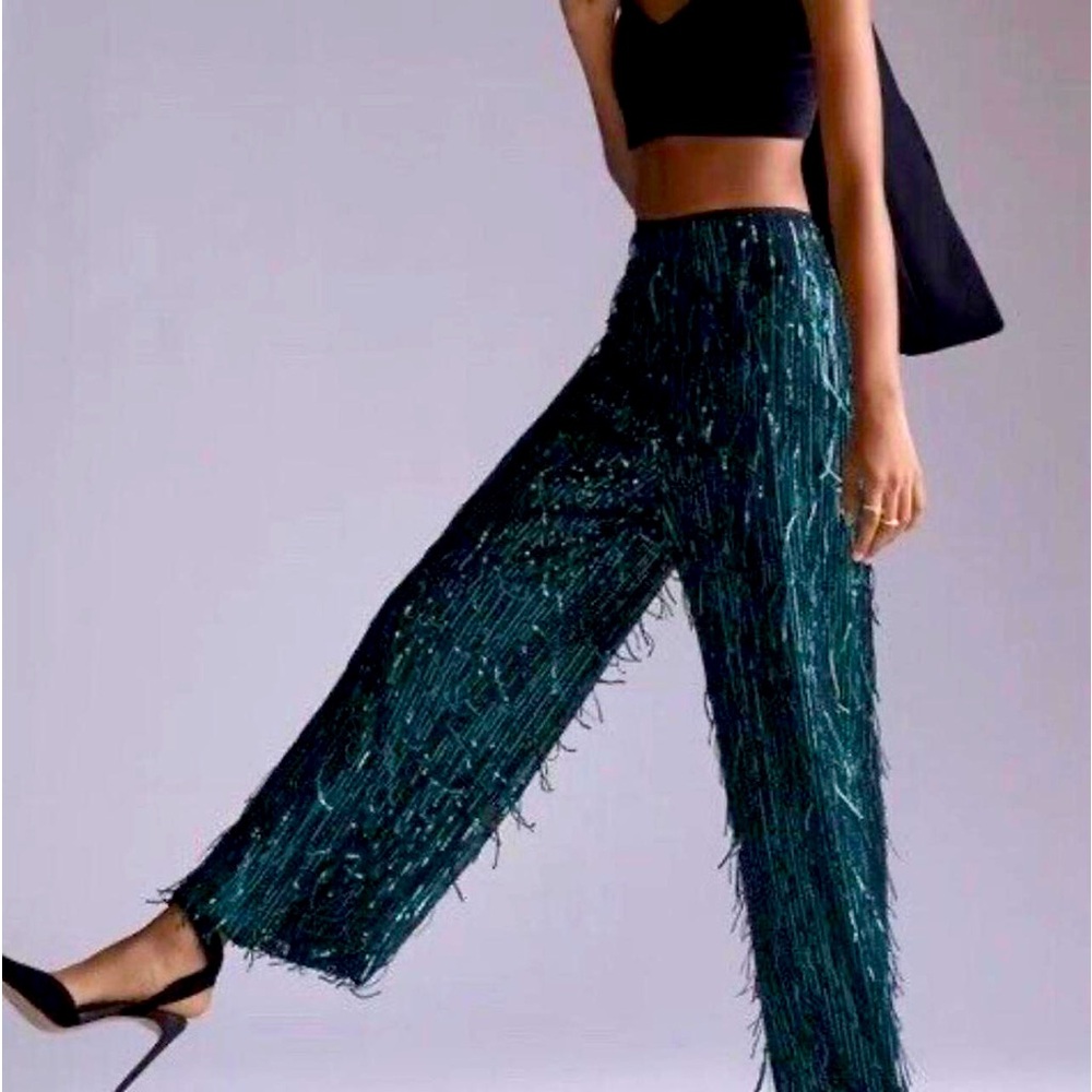 Anthropologie Women's Fringed Sequined Green and Blue Trousers
